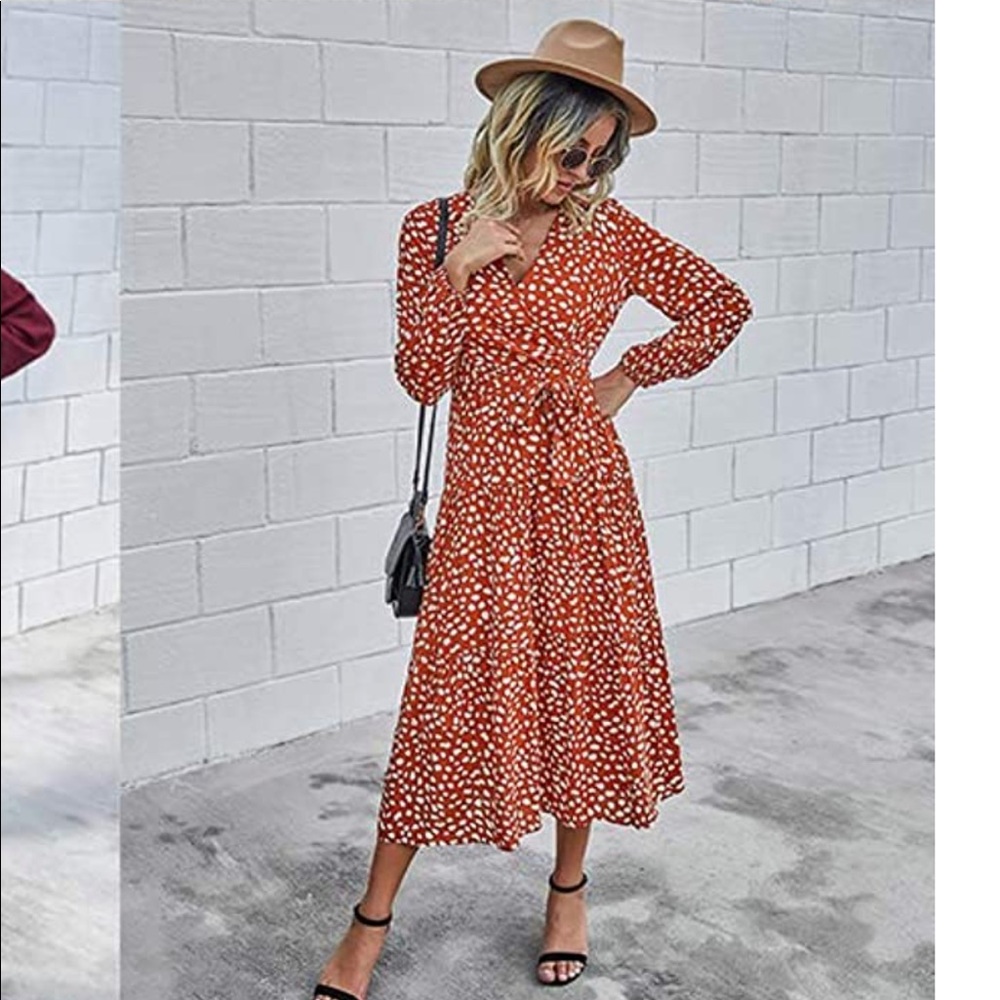 Worn once. Amazon burnt orange and white dots small dress